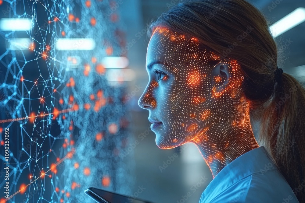 Aufkleber woman face scan digital network ai future tech data points connectivity technology innovation