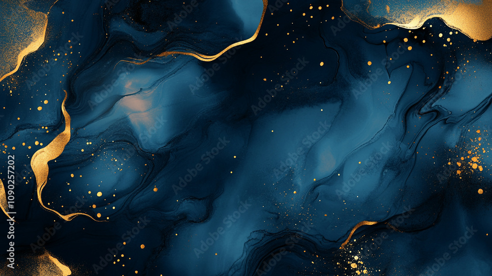 Poster dark blue and gold abstract design with fluid patterns and shimmering textures