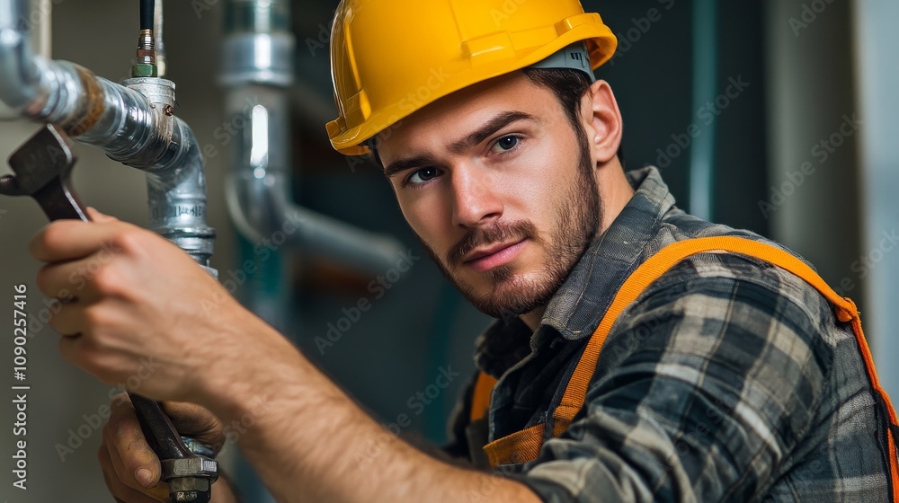 Poster a close-up of a plumber in a hard hat and work uniform, holding a pipe wrench and looking at the cam