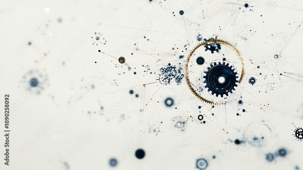 Poster gears and cogs in motion on a white background with digital tech elements, representing the concept