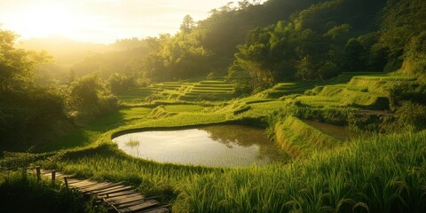 Obraz premium Lush terraced rice fields under a golden sunrise, reflecting nature's beauty and tranquility.