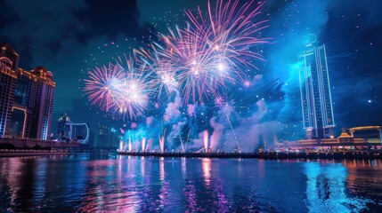 A spectacular fireworks display over a city skyline, reflected in the water below. The fireworks are a vibrant pink, blue, and white, and illuminate the night sky.