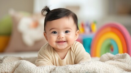 Fototapeta premium Adorable baby smiling while lying on a soft blanket, surrounded by colorful toys in a cozy indoor setting.