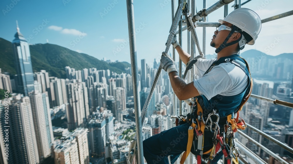 Poster a close-up of a scaffolder in a hard hat and harness, securing metal poles with a cityscape in the b