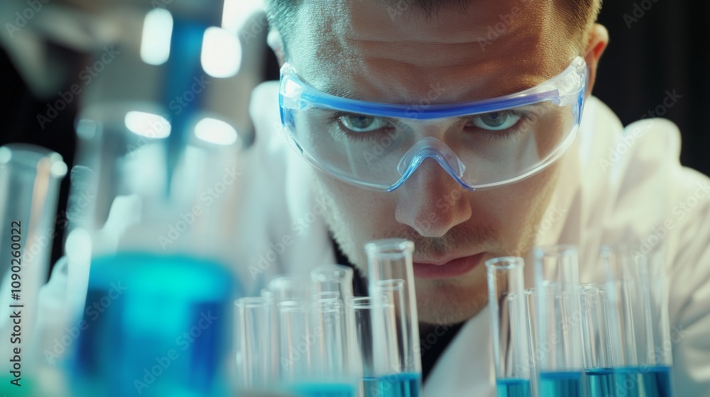 Aufkleber a close-up of a scientist in a lab coat and safety goggles, carefully handling a test tube filled wi