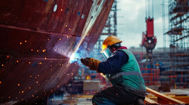 A close-up of a shipyard worker in a hard hat and safety vest, using a welding torch with a ship's hull and scaffolding in the background, Shipbuilding scene