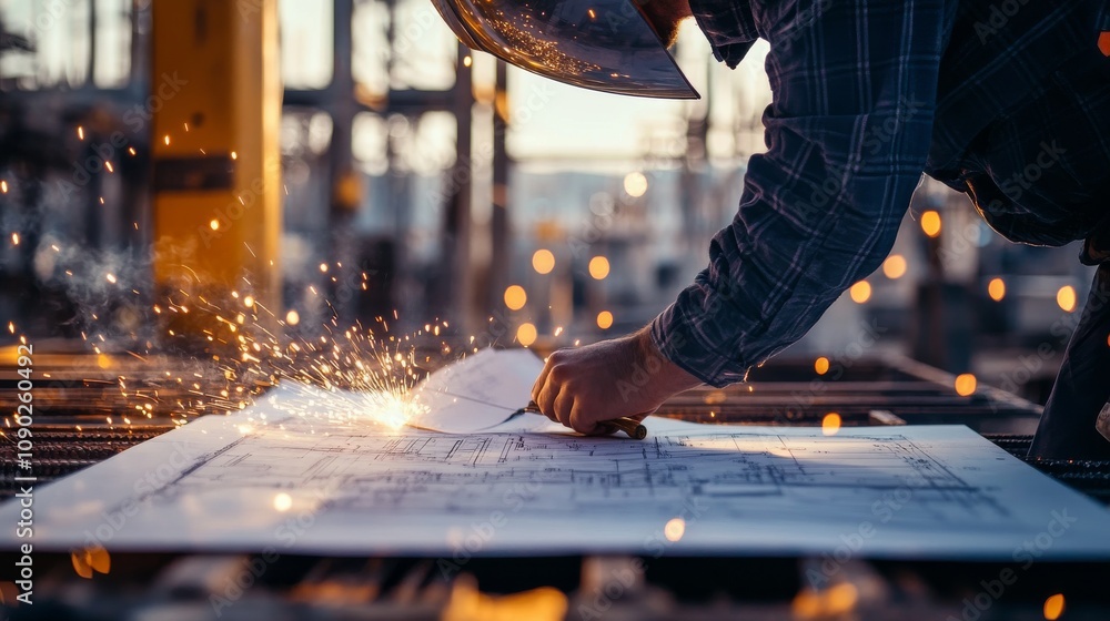 Poster a close-up of a site engineer examining blueprints, with a steel structure and welding sparks in the