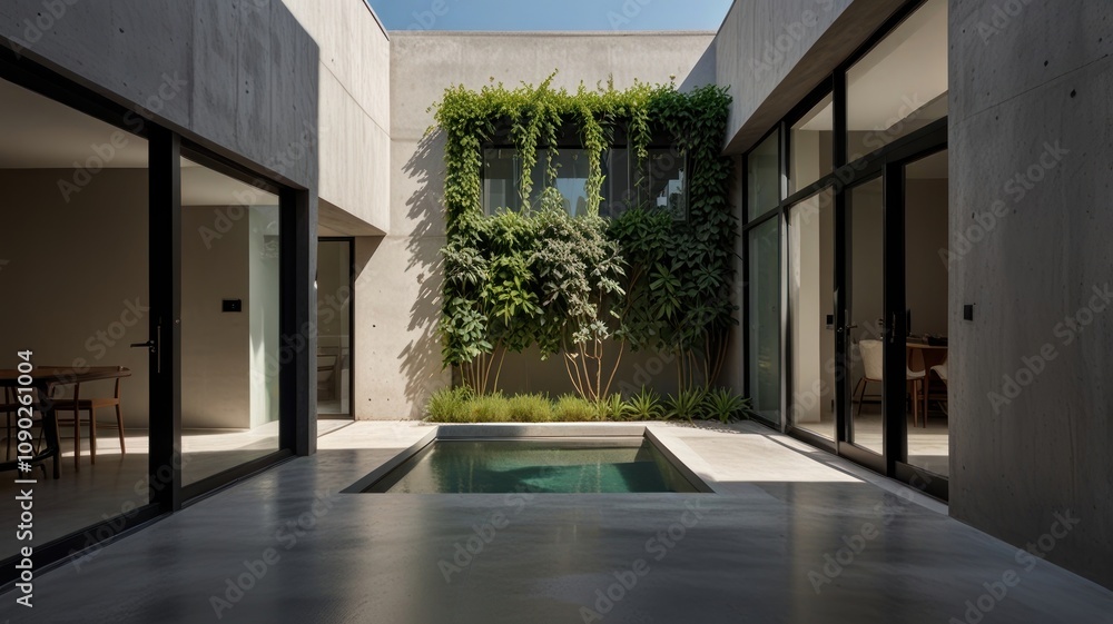 Poster here's a possible and keyword list for your stock photo.. modern minimalist courtyard with plunge po