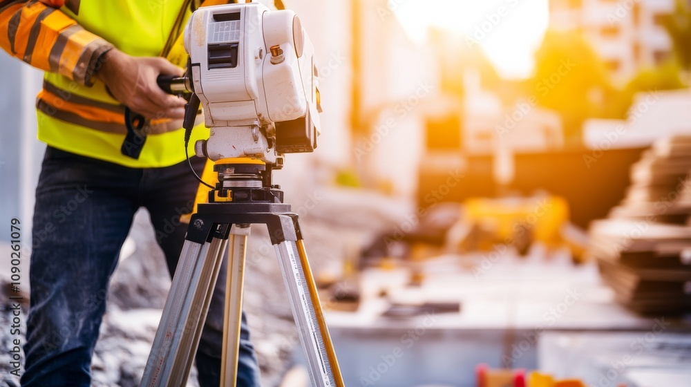 Poster a close-up of a surveyor using precision equipment amidst construction materials and measuring tools