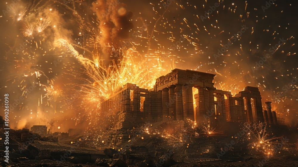 Poster a dramatic fireworks display explodes behind an ancient greek temple, creating a vibrant spectacle o