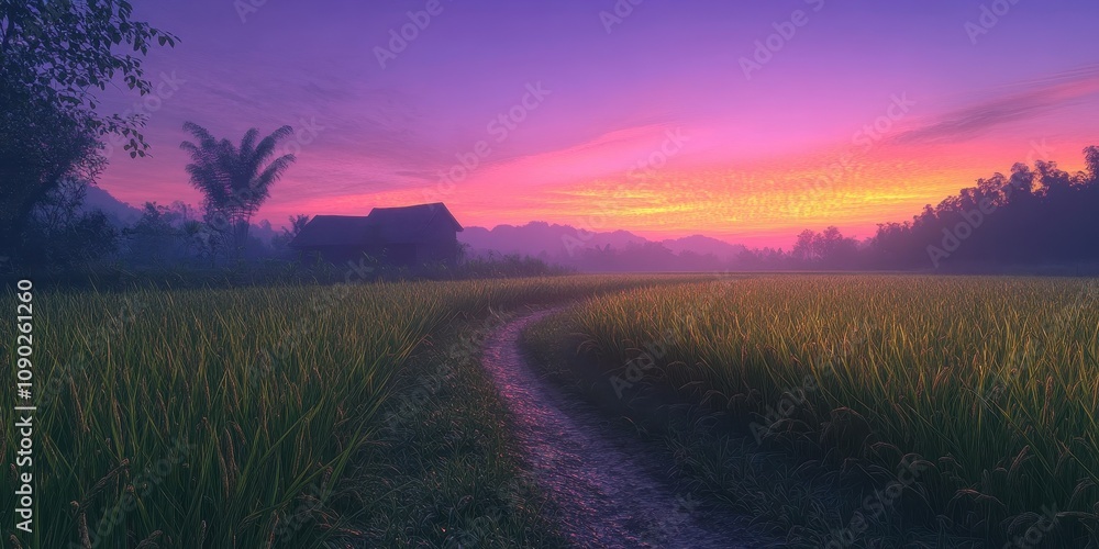 Poster a serene landscape at dusk with a winding path through rice fields and a distant house.
