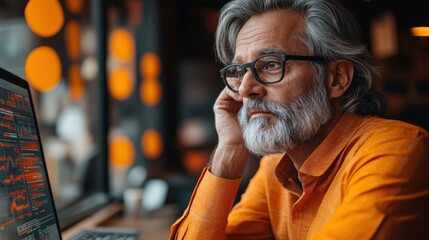 A thoughtful older man in an orange shirt gazes at a computer screen displaying data.