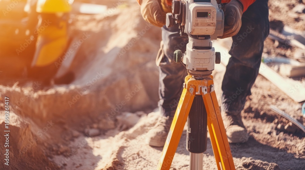 Poster a close-up of a surveyor using precision equipment amidst construction materials and measuring tools