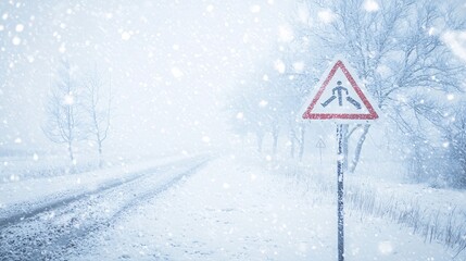 Snowy Road with Pedestrian Warning Sign in Blizzard Conditions, Winter Scene Featuring Heavy Snowfall and Impaired Visibility for Safety Awareness and Traffic Caution