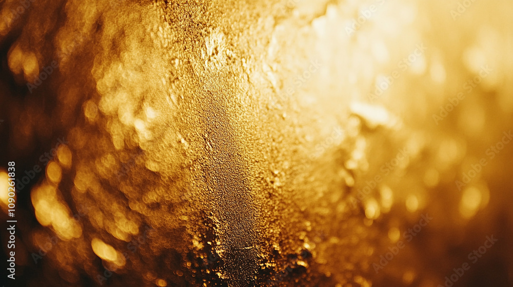 Poster close-up view of shimmering gold texture with intricate patterns and reflections in warm light