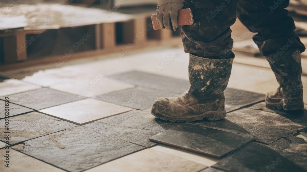 Poster a close-up of a tiler in work clothes and knee pads, holding a tile with a half-tiled floor in the b