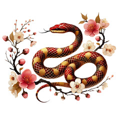 Obraz premium Elegant Year of the Snake Symbol with Blossoming Cherry Flowers. A stunning depiction of the Year of the Snake inspired by Asian cultural symbolism, Perfect for cultural festival designs, ceremonial 