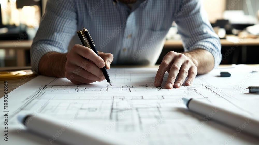 Poster a close-up of an architect reviewing blueprints on a drafting table with a modern office background,