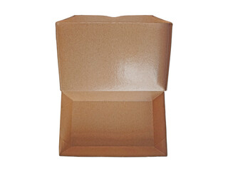 Top view of empty open brown paper food box, greaseproof laminated inside. Take away cardboard burger or sandwich box on white background with clipping path. Mock up template for food packaging.