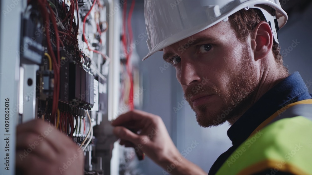 Poster a close-up of an electrician in a hard hat and reflective vest, examining a circuit breaker panel wi