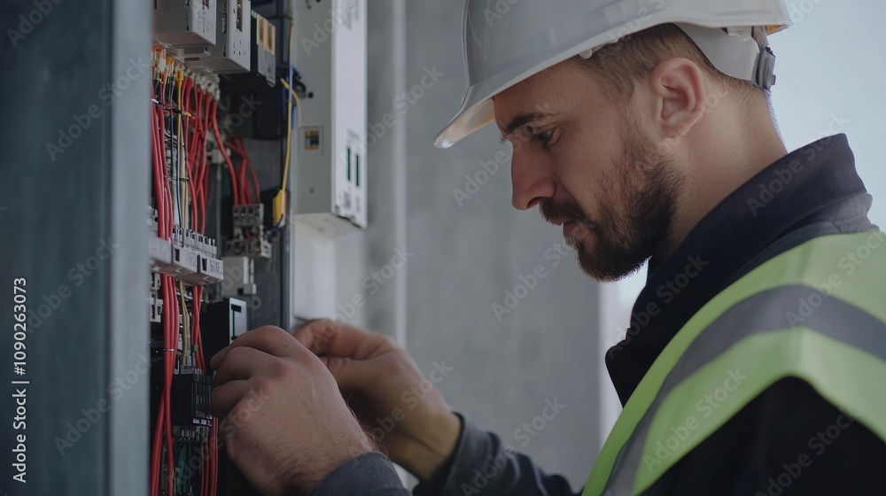 Poster a close-up of an electrician in a hard hat and reflective vest, examining a circuit breaker panel wi