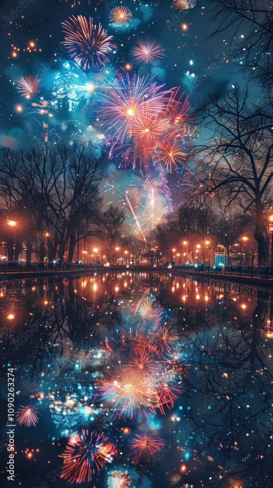 Poster fireworks display over a calm lake with reflections in the water.
