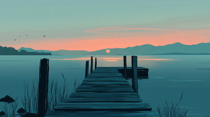 Obraz premium Serene sunset view from a rustic dock overlooking calm waters in a tranquil landscape