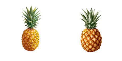 Fototapeta premium Two ripe pineapples with vibrant green spiky leaves and textured golden-yellow skin isolated on transparent background.