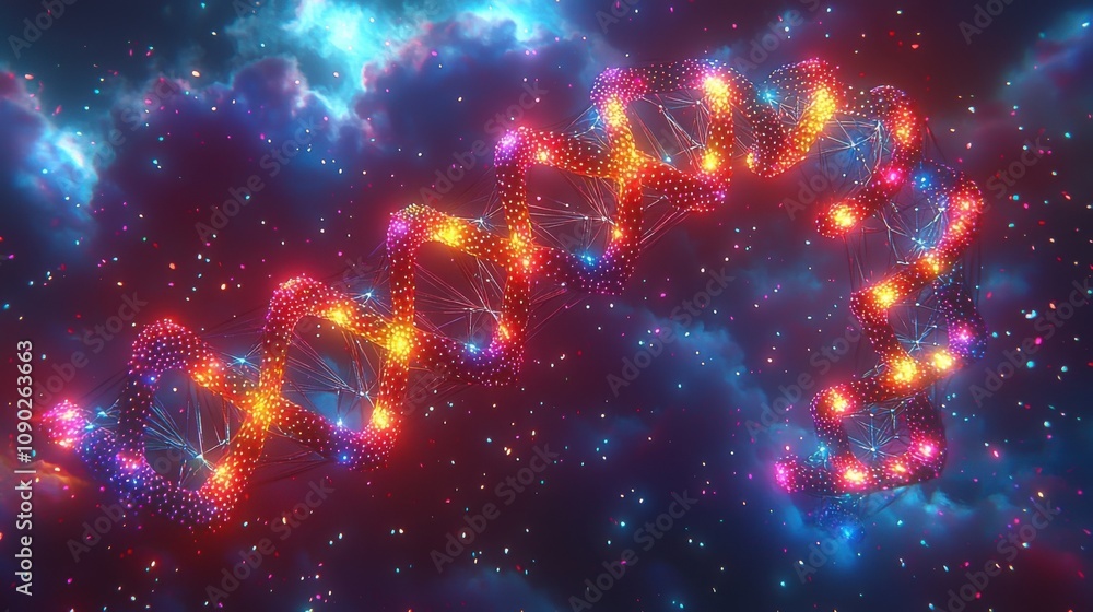 Poster glowing dna helix in nebula genetic code science background