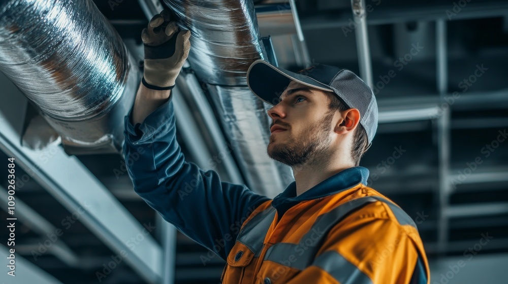 Poster a close-up of an hvac installer in a uniform and cap, installing a ventilation duct with a building 