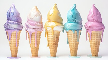 Five colorful ice cream cones with melting scoops, showcasing a variety of flavors and vibrant hues.