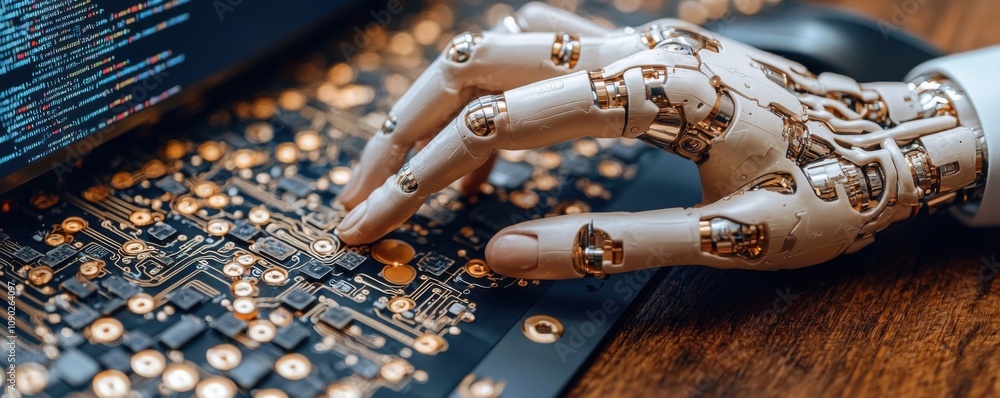 Poster robotic hand coding on circuit board ai technology future