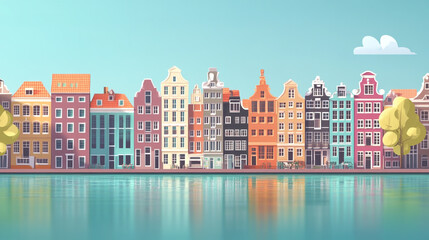 Obraz premium Colorful architecture along a canal in a European city during a sunny day