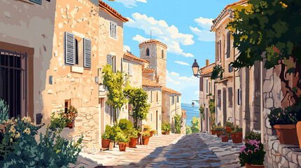 Fototapeta premium Charming cobblestone street lined with vibrant flowers in a scenic village