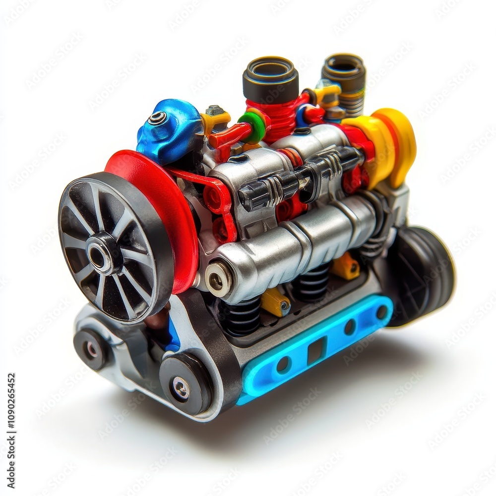 Poster a detailed model of a miniature engine showcasing mechanical components and design.