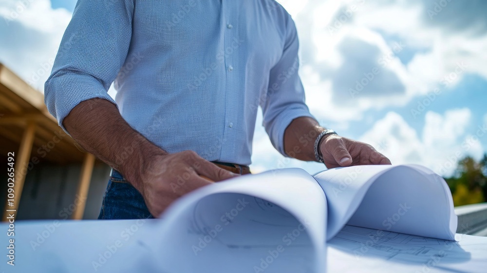 Poster a close-up portrait of a construction foreman examining blueprints at a new residential development 