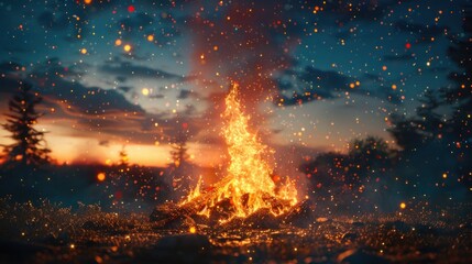 A large bonfire burns brightly in the forest at dusk, with glowing embers flying into the air.