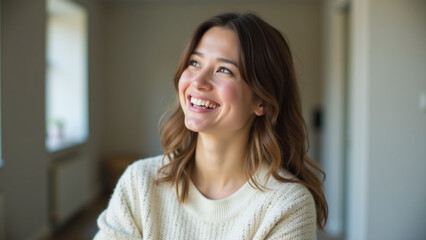 Happy woman smiling and looking up. Concept of joy, happiness, and positivity.