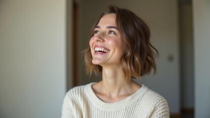 Happy woman laughing and looking up. Concept of joy, happiness, and positive emotions.