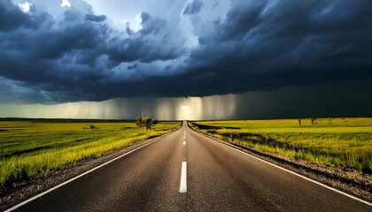 Lightning storm over field the road to storm