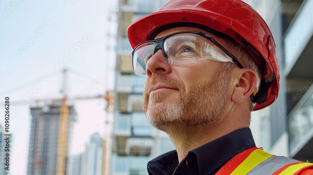 Poster a close-up portrait of a construction supervisor inspecting safety protocols at a high-rise building