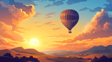 Obraz premium Hot air balloon ascends at sunset over tranquil landscape with rolling hills