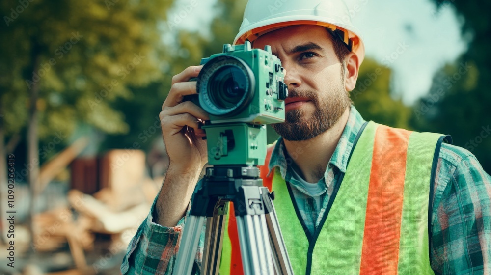 Poster a close-up portrait of a construction surveyor in a hard hat and reflective vest, looking through a 