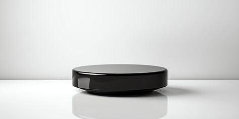 A podium made of sleek black obsidian, polished reflective surface with soft ambient lighting, isolated on a clean white background, ultra high-resolution, 8K