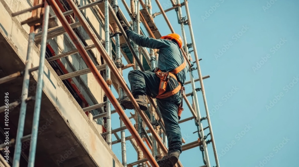 Aufkleber A close-up portrait of a construction worker assembling scaffolding on a skyscraper construction site, Skyscraper scaffolding assembly scene, Detail-oriented and technical style