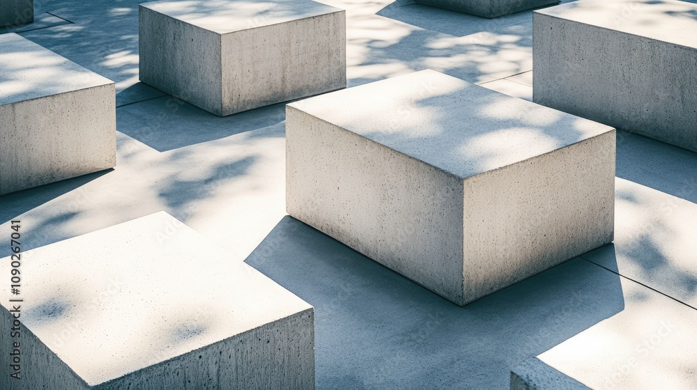 Poster abstract arrangement of geometric concrete blocks casting shadows on a sunlit pavement surface in a 