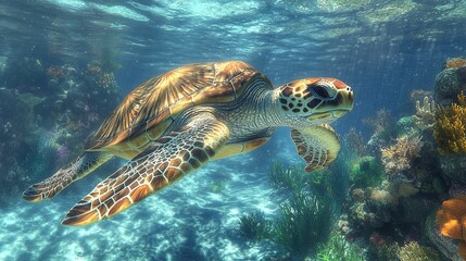 Obraz premium A Sea Turtle Swims Through Vibrant Coral Reefs