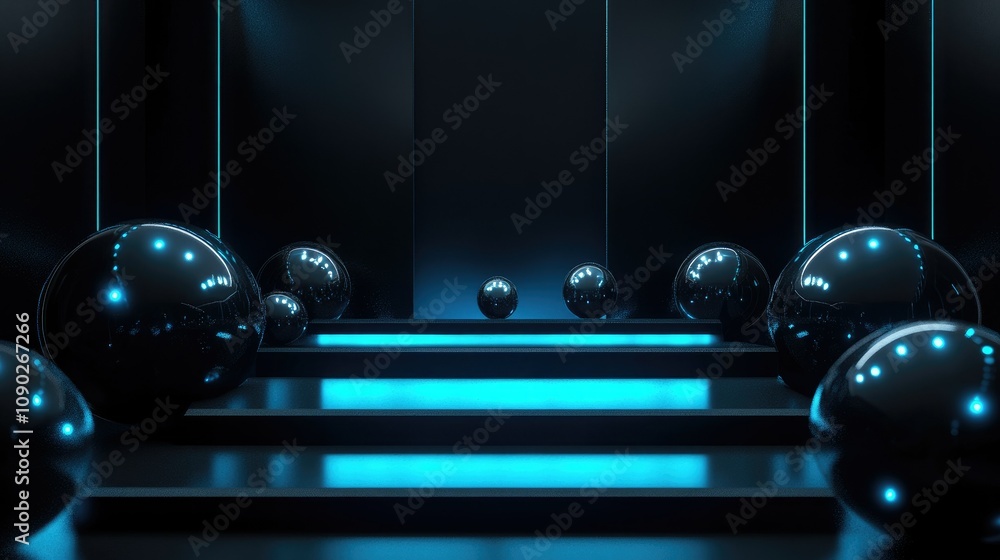 Poster futuristic dark space with glossy black spheres and neon blue lights creating a mysterious and capti