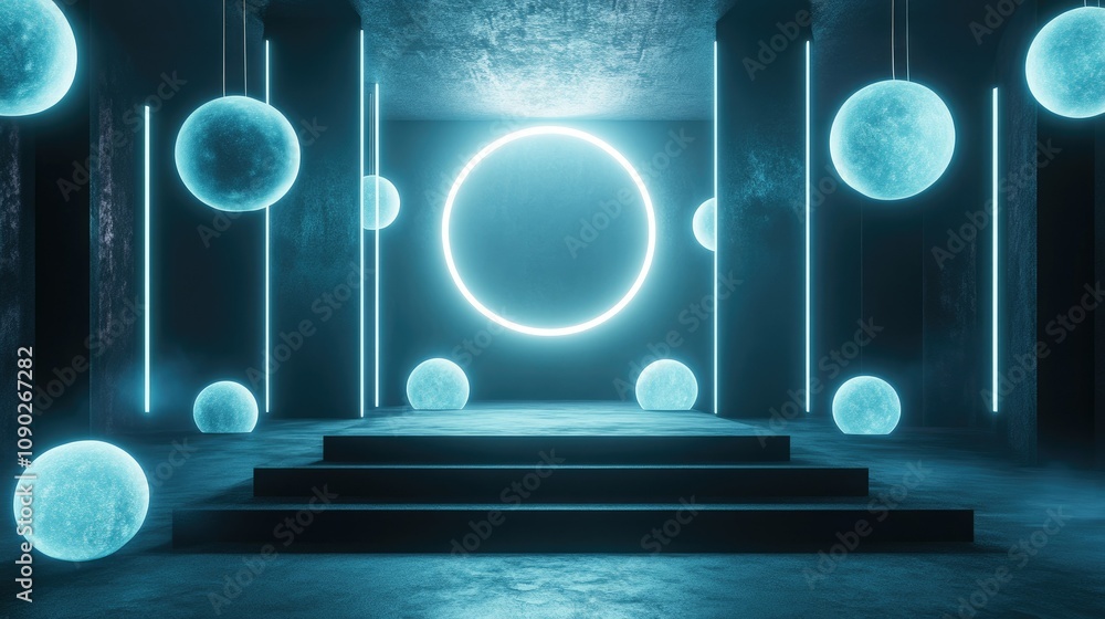 Poster futuristic neon studio design featuring illuminated spheres and glowing circular frame in a dark env