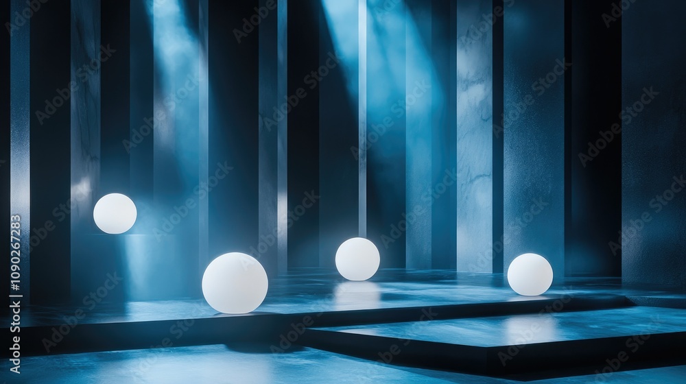 Poster abstract composition of floating white spheres in a dimly lit space highlighted by cool blue lightin